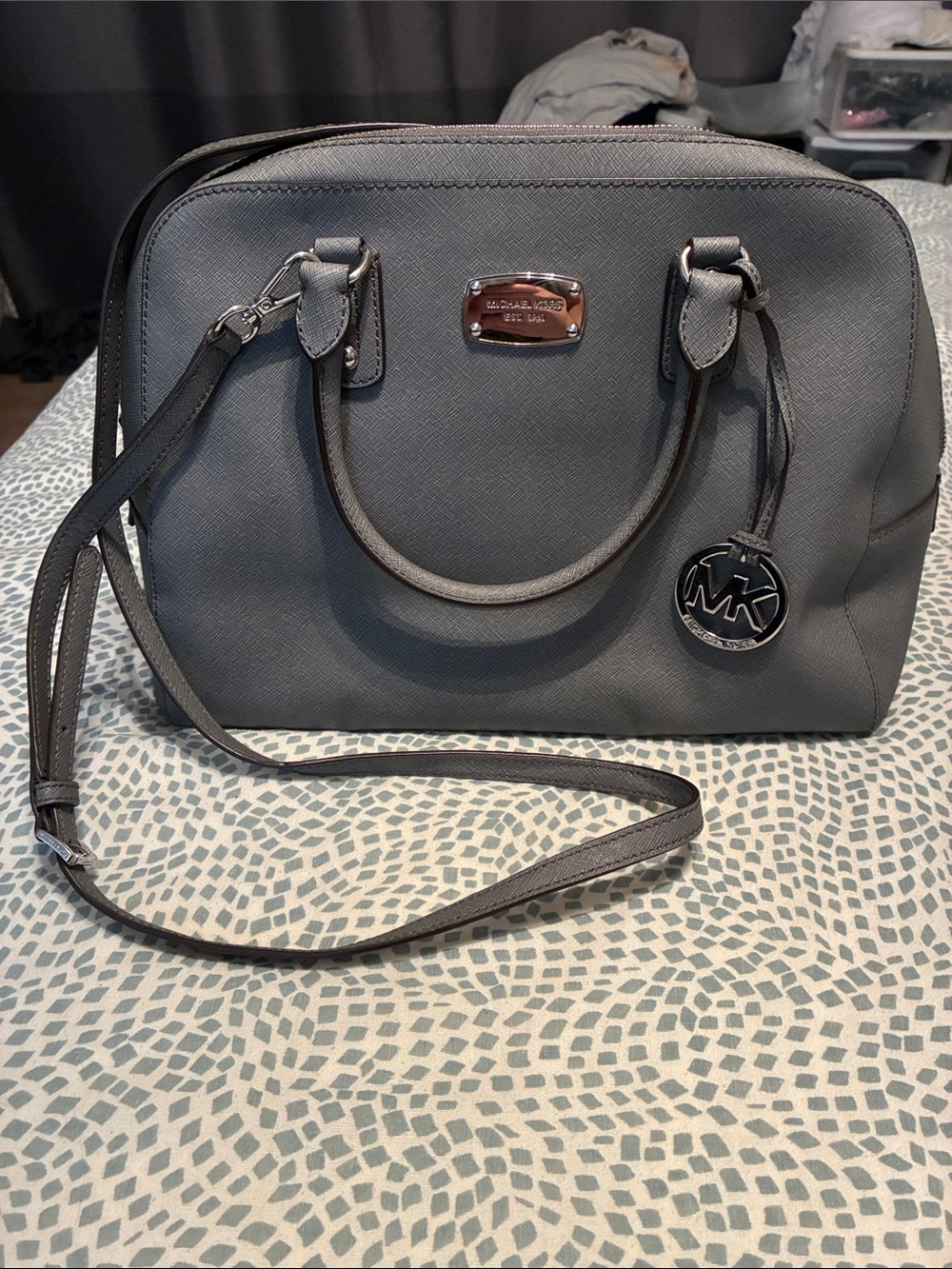 Michael Kors Gray Saffiano Dome Satchel with Crossbody Strap